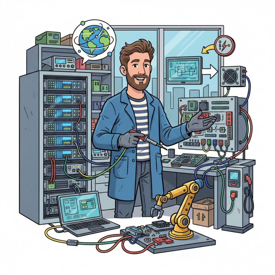 Comic illustration of an electrician with tools and a switchgear cabinet at an electrical installation