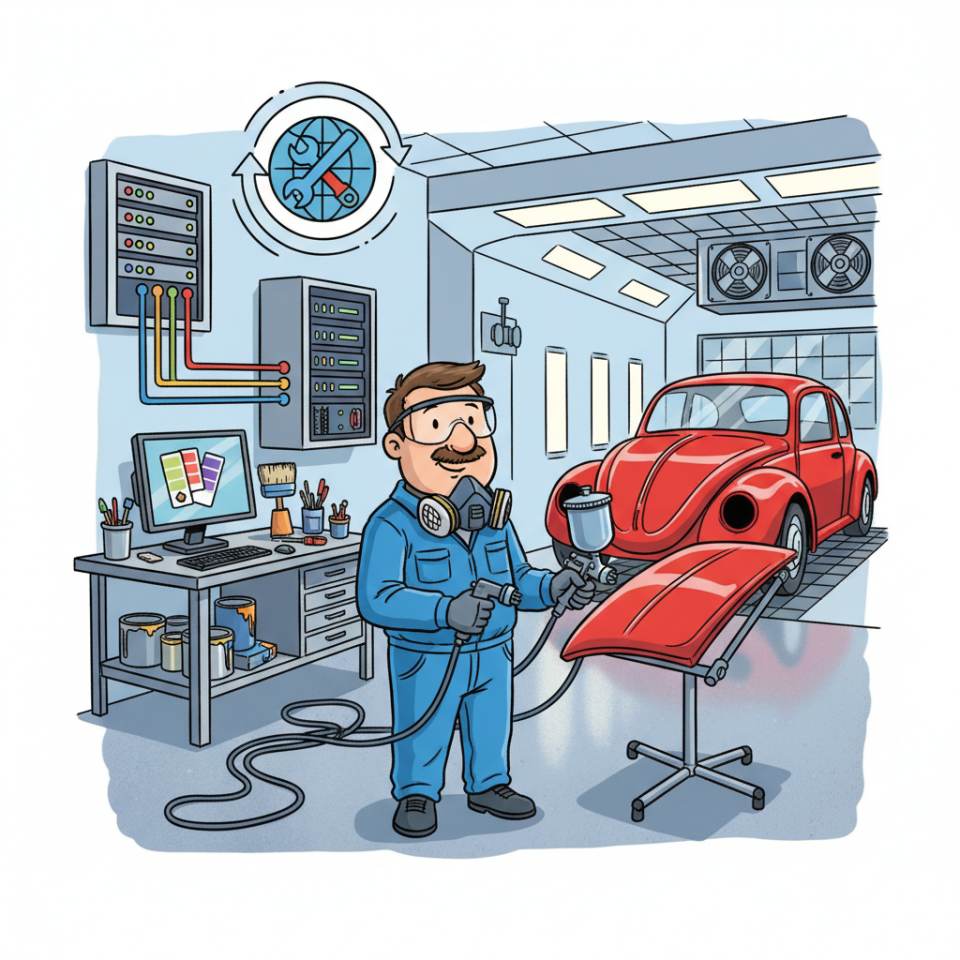 Comic illustration of a painter with spray gun and protective gear in front of a vehicle in a paint booth