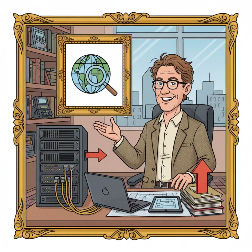 Comic illustration of an expert/appraiser with clipboard, measuring device and report folder during an on-site inspection
