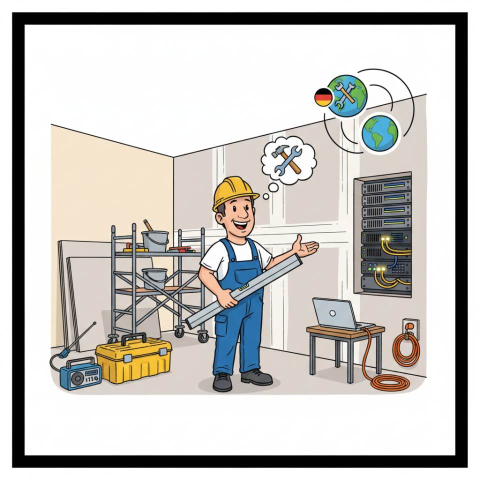 Comic illustration of a drywall installer with plasterboard and screwdriver fitting a partition wall on a construction site