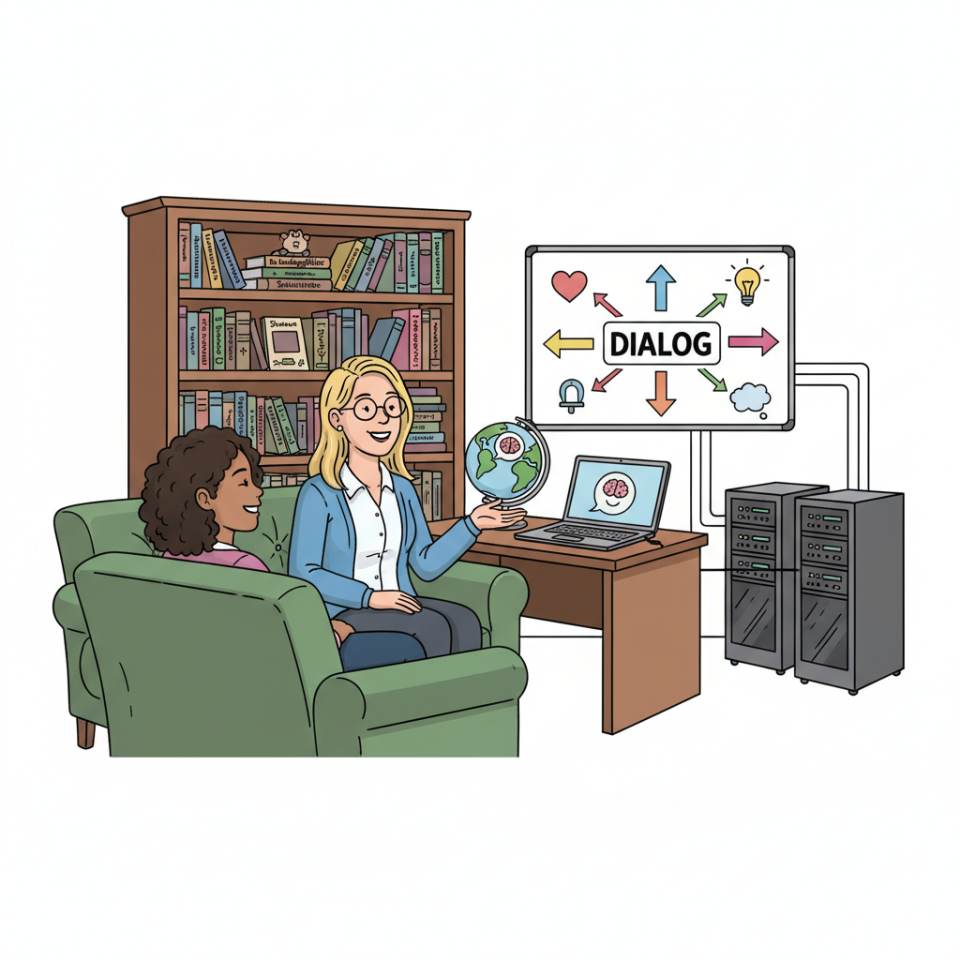 Ilustración tipo cómic de un psicoterapeuta conversando con un cliente en una situación terapéutica tranquila